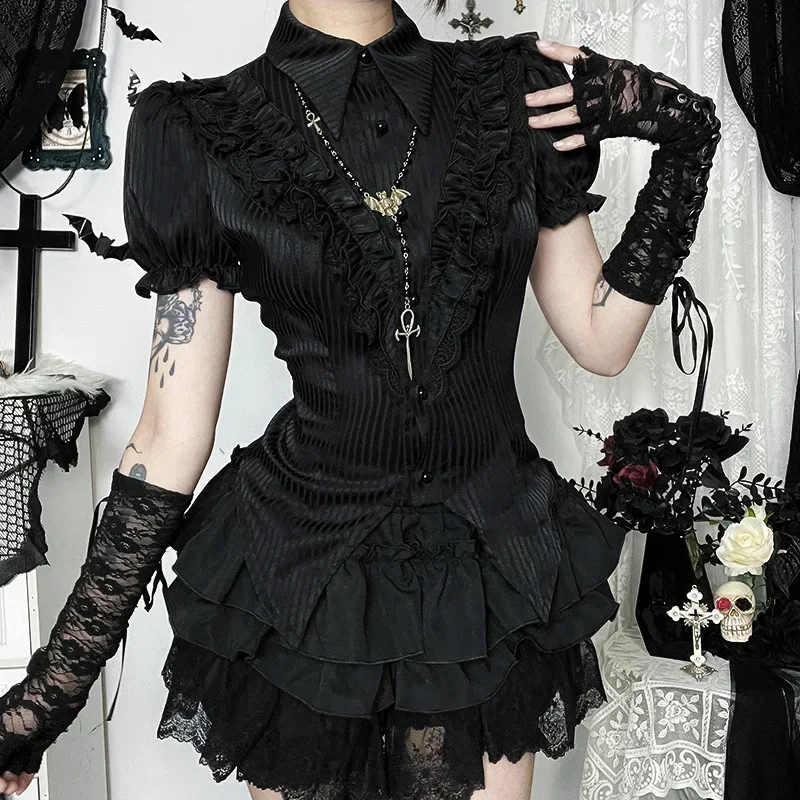 2025 New Dark Kawaii Black Short Sleeve Buttons Shirt Lace-up Blouses Mall Gothic Slim Lapel Collar Stripe Shirts Women Techwear