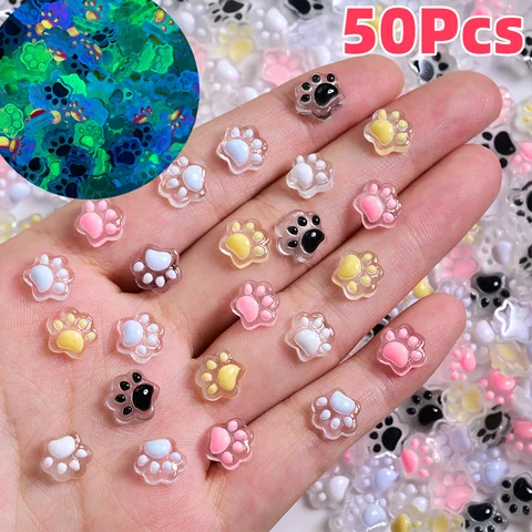 50Pcs 3D Luminous Cat's Paw Nail Charms Cute Resin Cat Paws Y2K Nail Art Decorations DIY Hair Clip Crafts Manicure Accessories &
