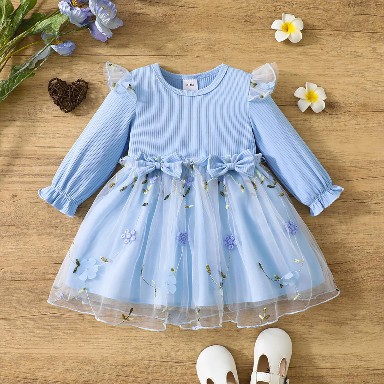 Cute Dress Baby Girls Flower Dress Long Sleeve Three-dimensional Flower Embroidery Bowknots Embellished for Party Photography