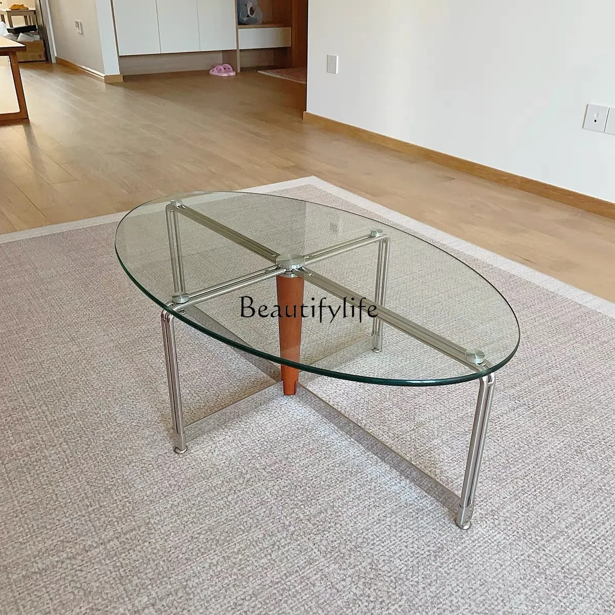 Nordic Retro Glass Coffee Table Tempered Oval Original Small Apartment Tea Table Stainless Steel Table