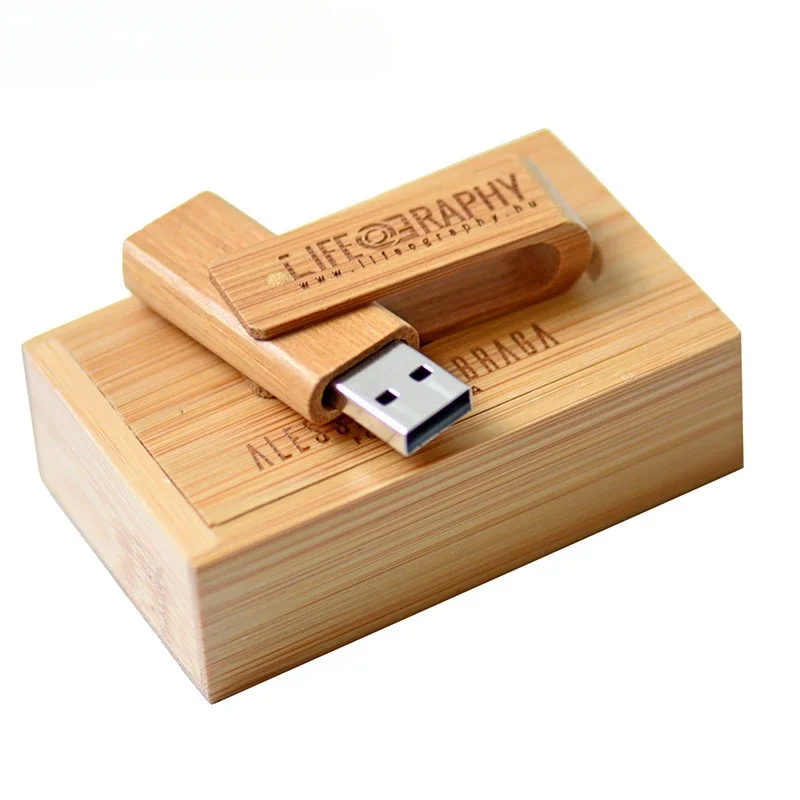 128GB Free Custom Logo Pen Drive Wooden Rotatable USB Flash Drive 64GB Box Creative Wedding Gift 32GB Fast Transmission U Disk