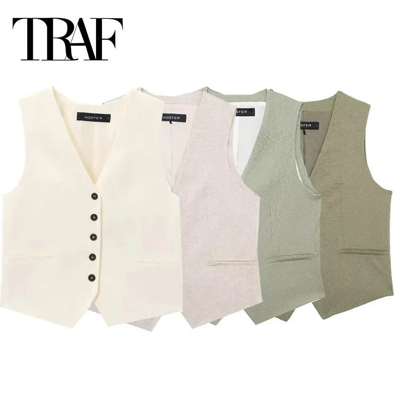 TRAF 2024 Linen Sleeveless Vest Woman Fashion Cropped Women\'s Suit Vest Coat Summer Vest Short Tops New In Coats And Jackets