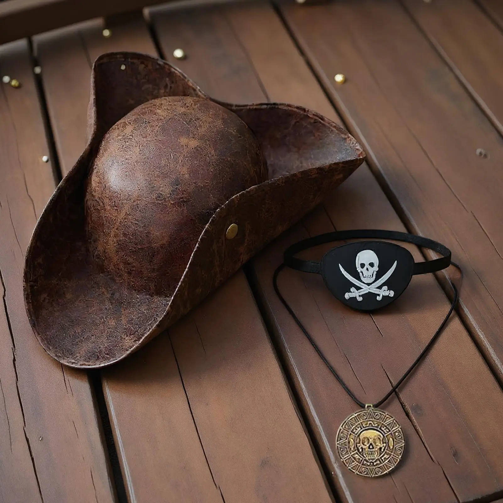 

Faux Leather Pirate Hat Brown Captain Hat Vintage Button Masquerade Party Cosplay Costume Hat For Men Women Photography Props