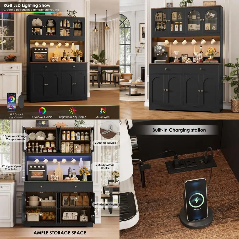 

71 LED-Lit Kitchen Pantry Cabinet with Outlet, Large Storage Hutch with Arched Doors and Shelves, 2 Drawers, Tall Coffee Bar wit