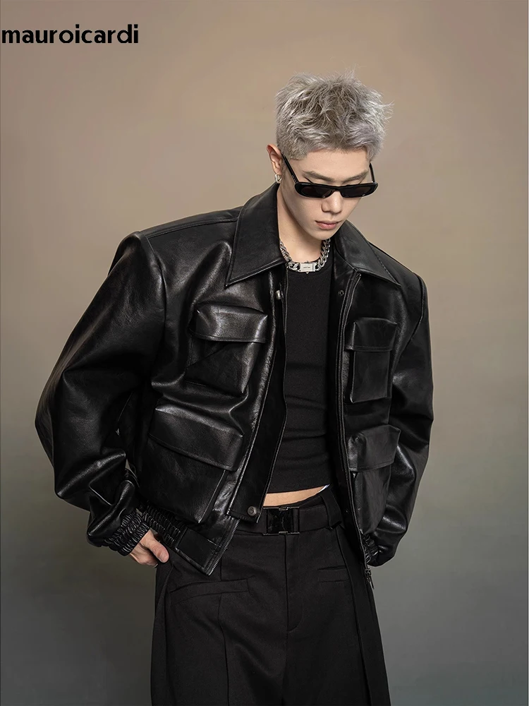 

Mauroicardi Autumn Oversized Cool Short Black Pu Leather Jacket Men with Many Three-dimensional Pockets Luxury Designer Clothes