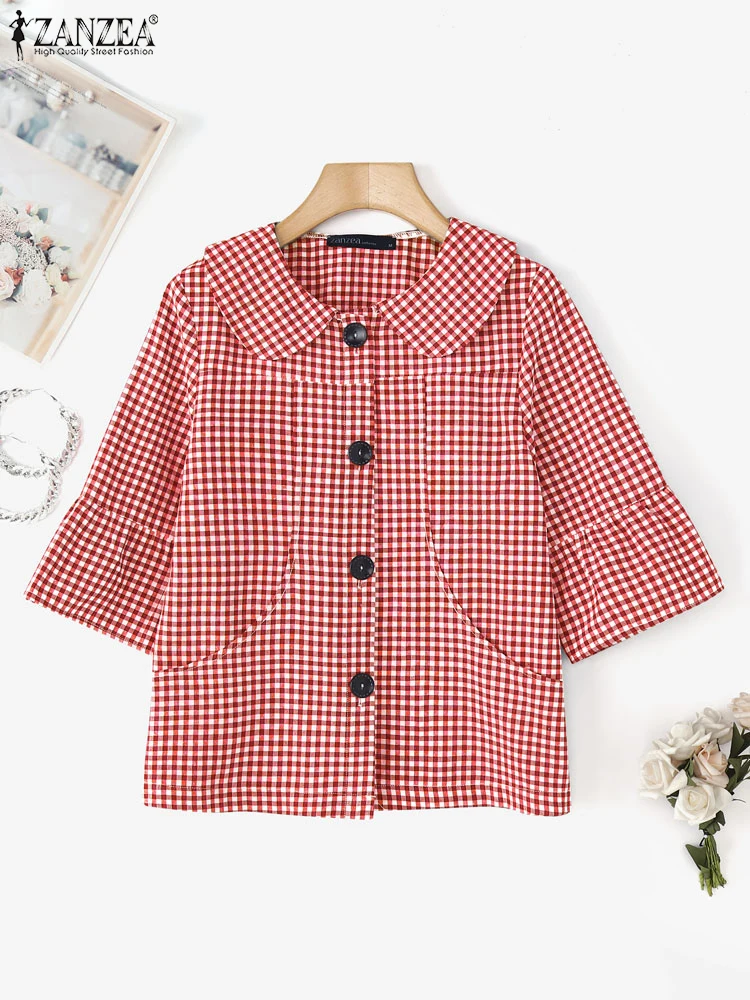 

2025 Fashion Women Plaid Shirts ZANZEA Print Blouse Summer 3/4 Flare Sleeve Peter Pan Collar Vintage Tunic Pockets Office Blusas