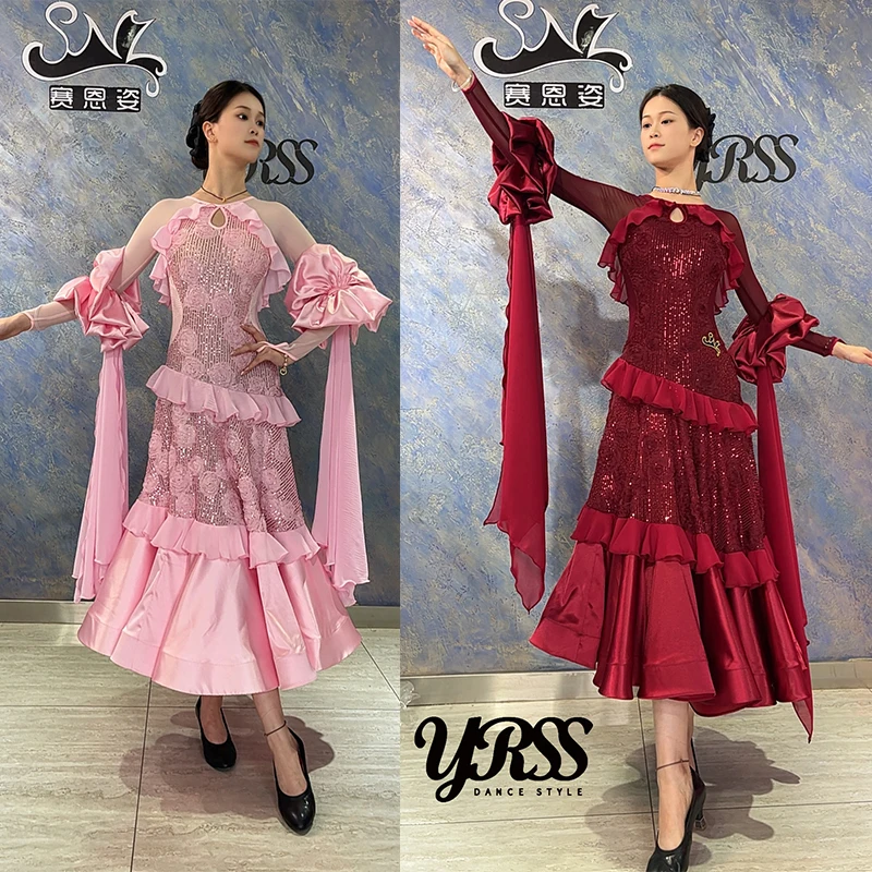 

2026 New Waltz Dance Dress Red Punk Sequin Satin Dress Women Ballroom Dance Competition Clothing Prom Club Tango Costume BL18421
