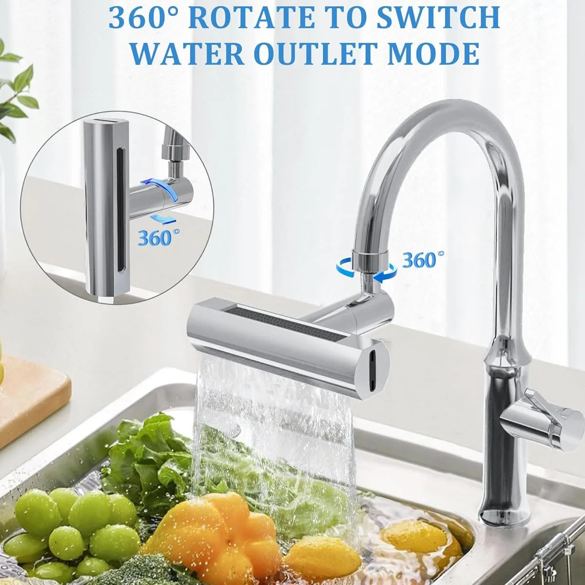 Grifo Universal de cocina en cascada, extensor de caño giratorio de 360 °, a prueba de salpicaduras, aireador para fregadero, para lavar frutas y