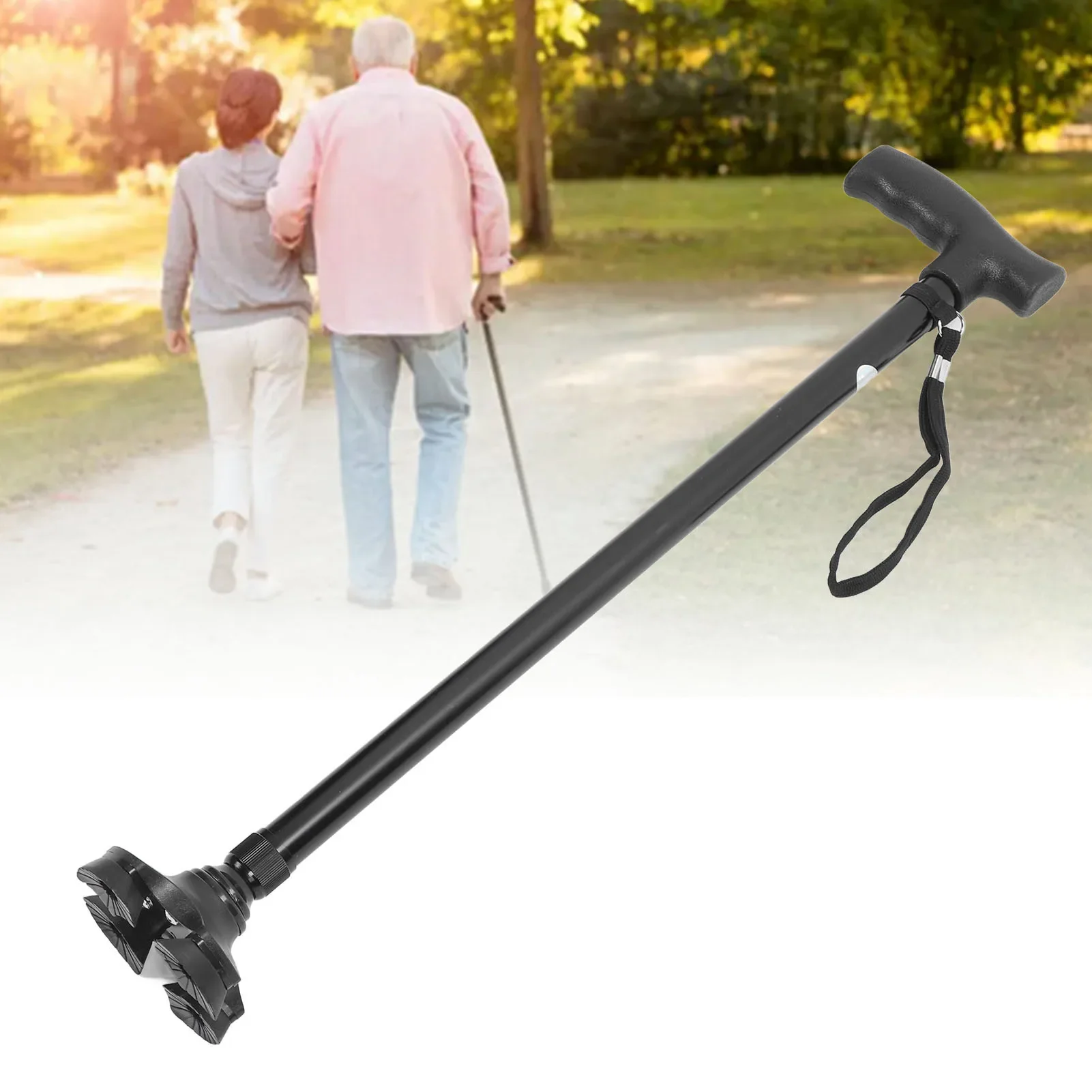 Walking Cane Adjustable Height Anti Slip Lightweight Retractable Senior Walking Stick with 4 Pronged Base for Mountaineering