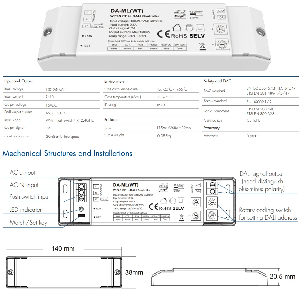 WiFi RF DALI Controller DT6 DT7 DT8 DALI Bus Power Supply With Push Dimming Function TUYA APP Smart Control RF 2.4G Touch Remote