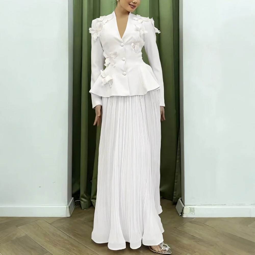 

Женский комплект из двух предметов с v-образным вырезом и длинными рукавами, пальто с аппликацией и высокой талией, плиссированная сетка, элегантный костюм с юбкой, женский новый