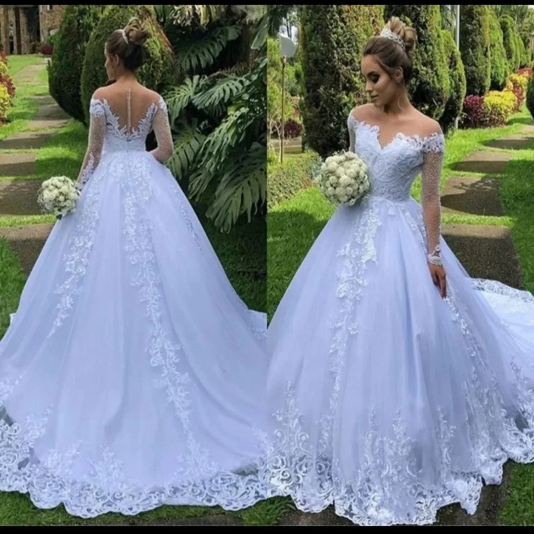 

Customized New Garden Ballgown Appliqued Lace Bridal Dresses White Shinny Cheap Long Sleeve Puffy Wedding Gowns