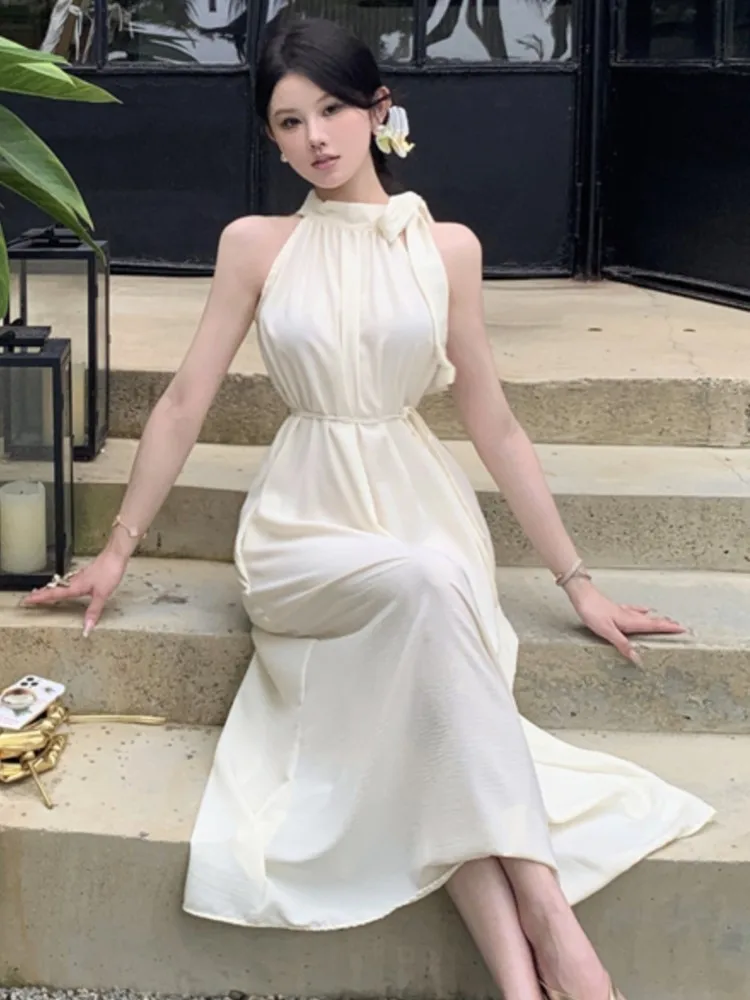 Élégant français licou femmes robes de soirée Chic épaules nues à lacets fête d'anniversaire robe mi-longue femme décontracté robes vêtements