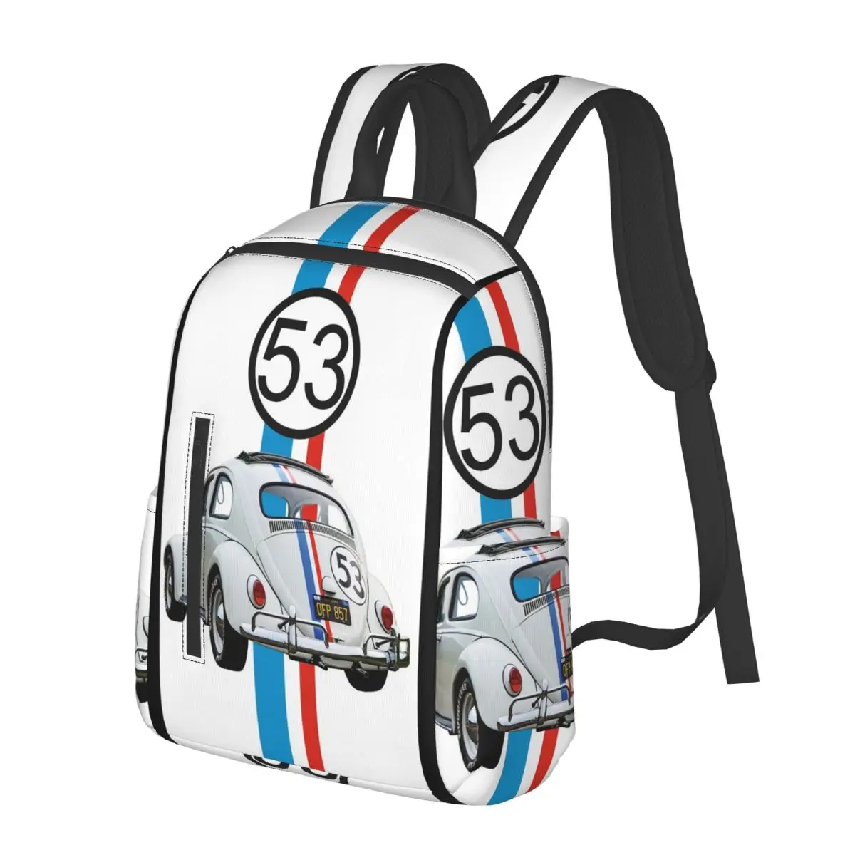 Herbie Number 53 Printed Race Car Enthusiasts Stripe Student Backpack School Bag Daypack for Men Women Bookbag Shoulder Bags