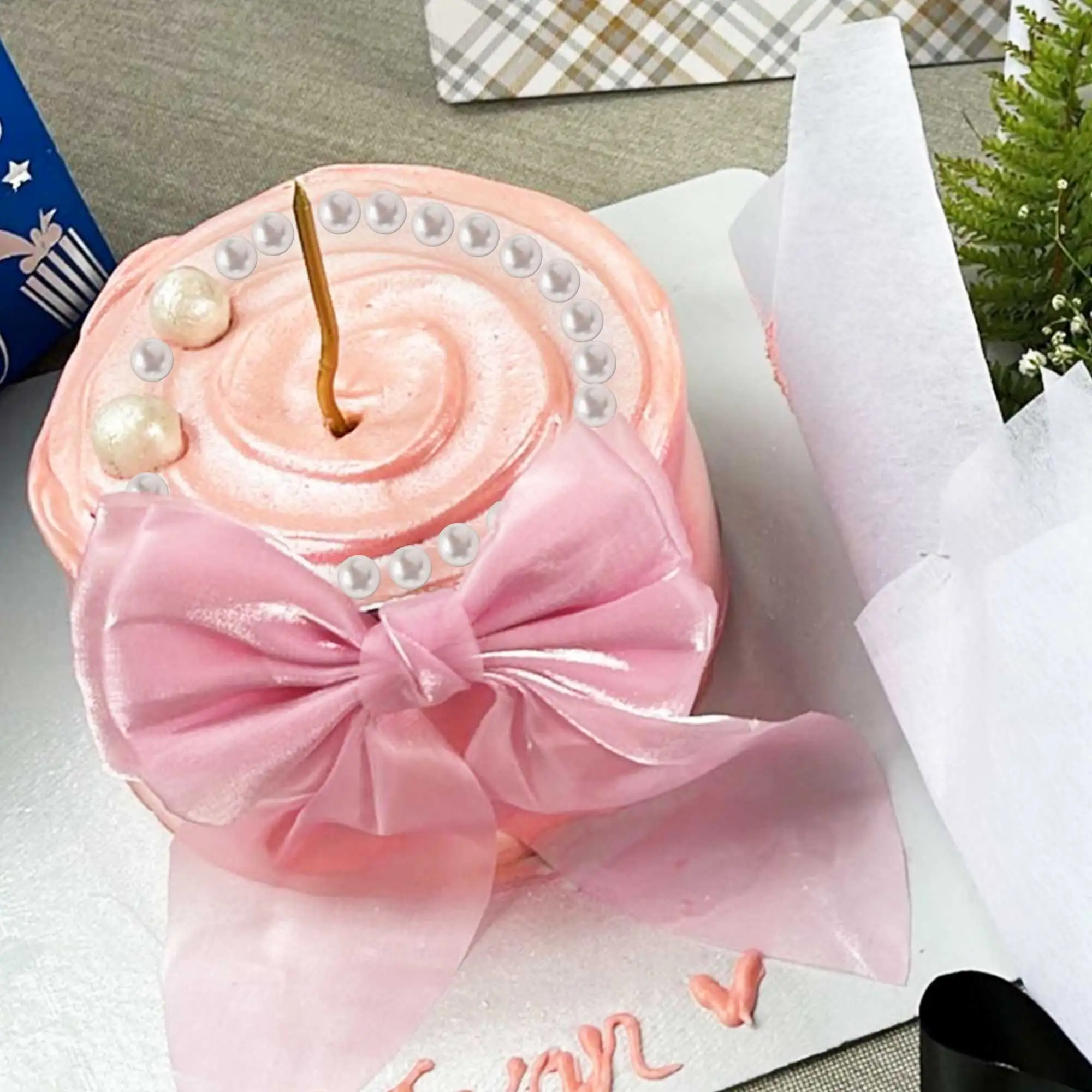 LaVenty Pink Ribbon Bow Cake Topper Pearl Cake Decor Coquette Birthday Cake Bachelorette Birthday Party Bow Party Decorations