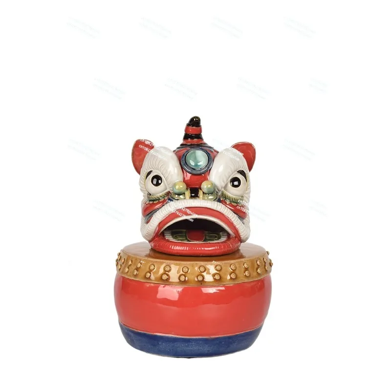 Lion dance lion head tea can ceramic ornament Shiwan doll Lingnan characteristic business gift souvenir