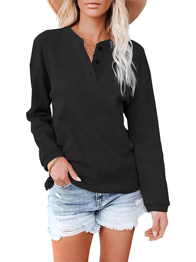 2024 Autumn Winter New Women's Sexy V-neck Button Solid Color Long Sleeved Casual Comfortable Top T-shirt For Women