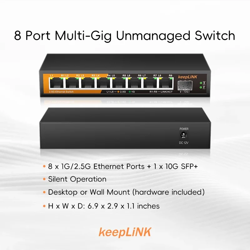 KeepLiNK Switch Ethernet multi-Gigabit a 9 porte Non gestito 8 porte 2,5G RJ45 1 porta 10G SFP+ uplink per l'espansione di rete