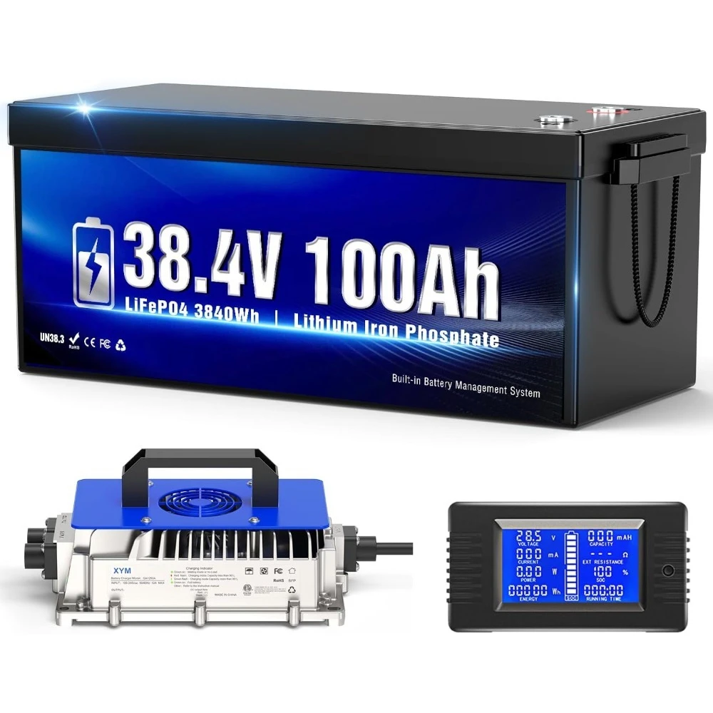 Batteria per carrello da golf al litio 36V 100Ah, protezione a bassa temperatura, caricabatterie al litio 25A aggiornato e monitor LCD, BMS intelligente integrato da 100 A