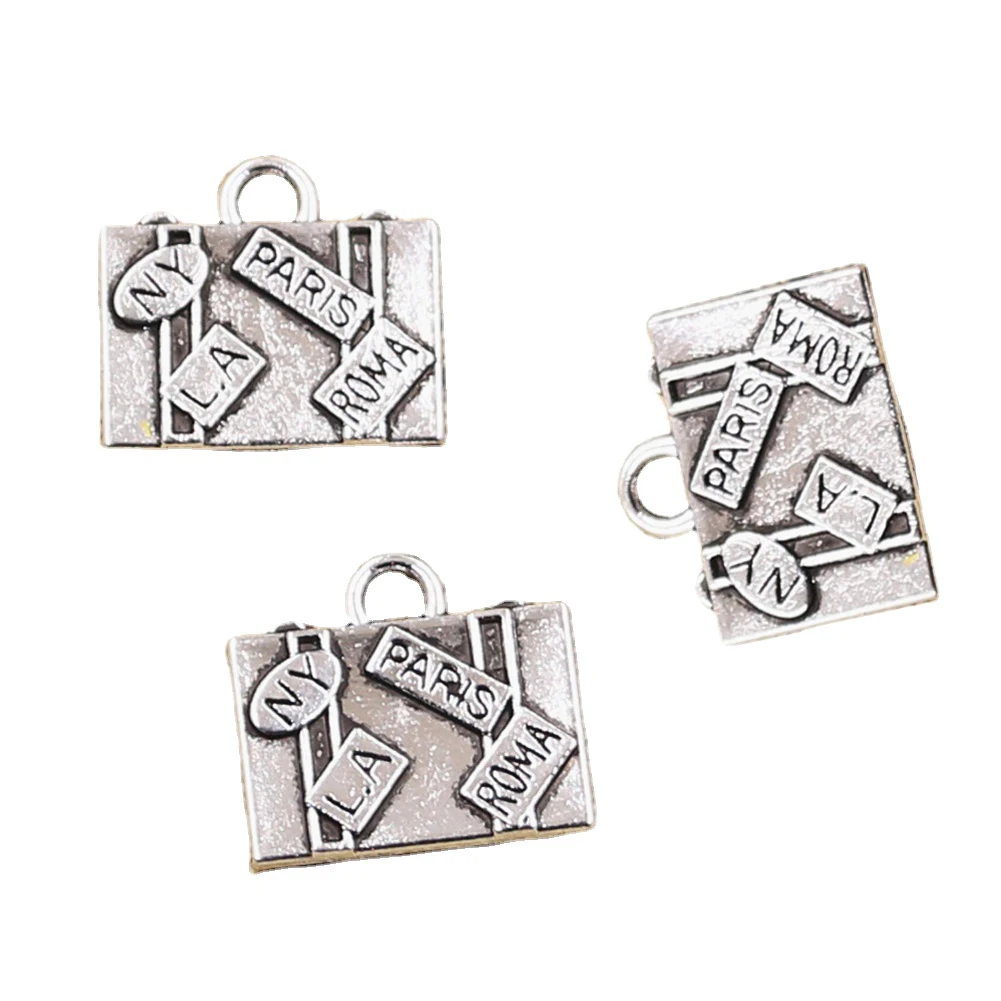 10pcs Charms Travel Bags New York Paris Roma LA 15x16mm Antique Silver Color Plated Pendants Making DIY Handmade Tibetan Jewelry