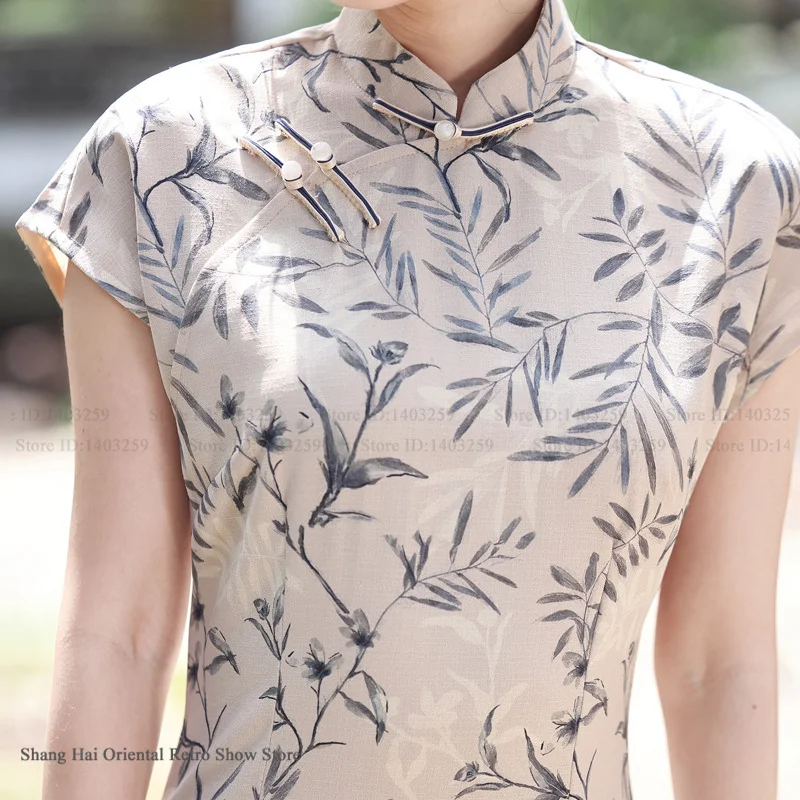 Classic Chiese Style Dress Sexy Female Qipao Summer Short Sleeve Cheongsam Elegant Print Flower Traditional Clothing Vestido