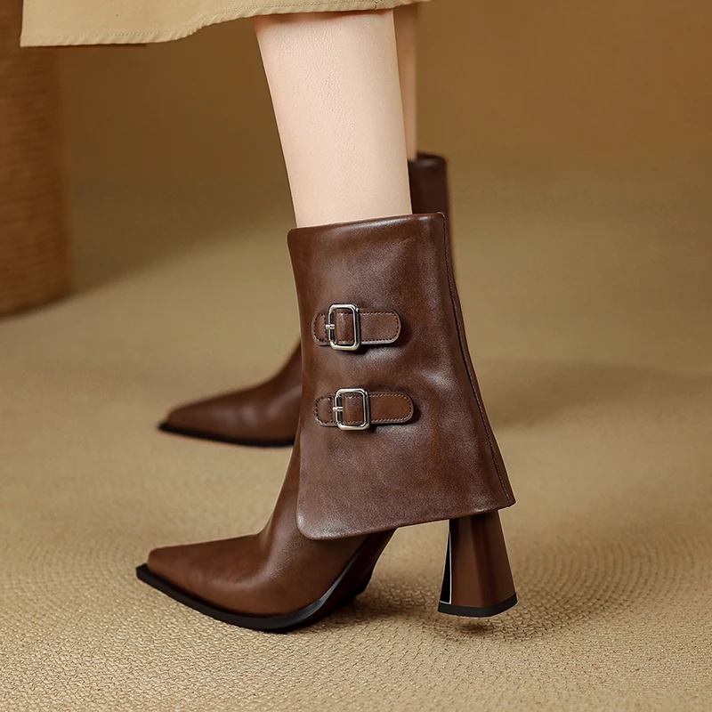 

Ankle Boots Women Genuine Leather Pointed Toe Belt Buckle Chunky Heel Retro Short Biker Boots