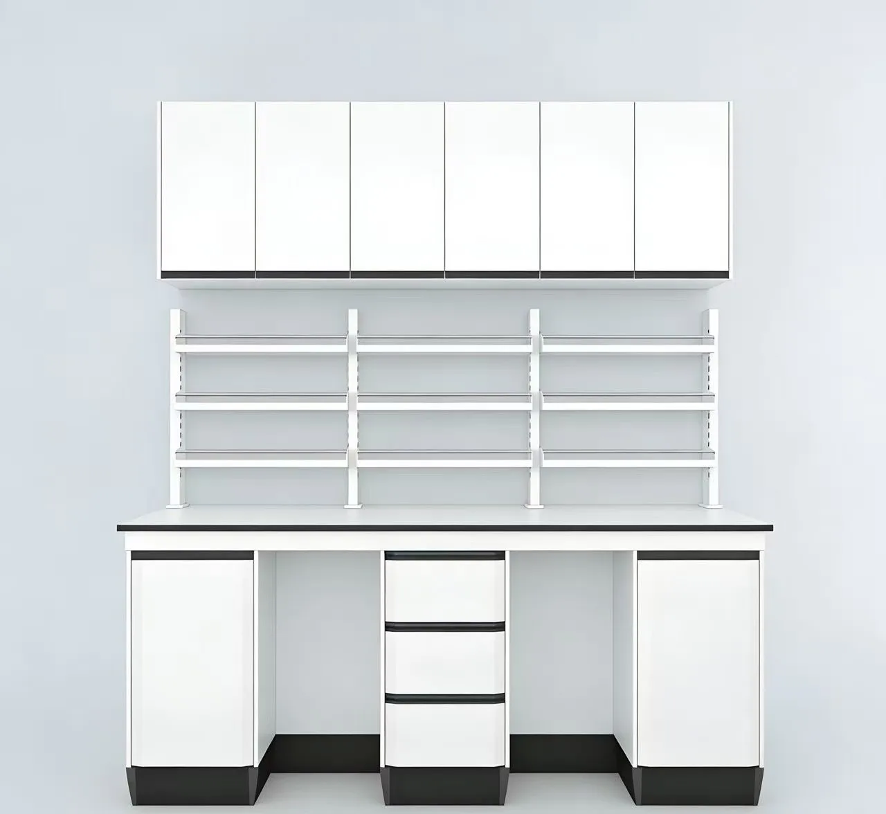 Wall-mounted School Laboratory Workbench, With Reagent Racks And Cabinets Resistant To Acid And Alkali Corrosion.