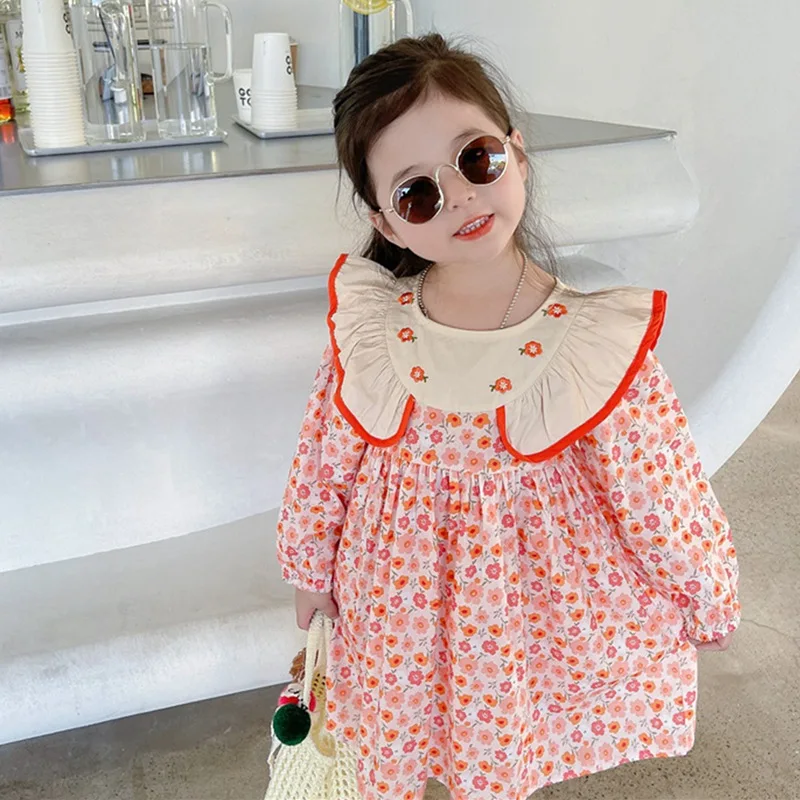 

Girls Floral Embroidery O-Neck Dress 2023 Spring Kids Flying Sleeve Dresses Little Princess Party Dress