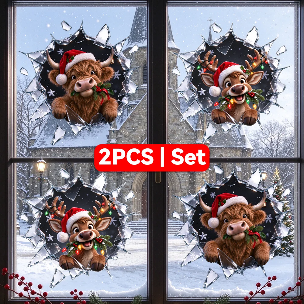 Christmas Window Cling Sticker 2D Shattered Glass Effect Cute Animals Santa Hat Peeking Snowflakes Door Decal Removable Reusable