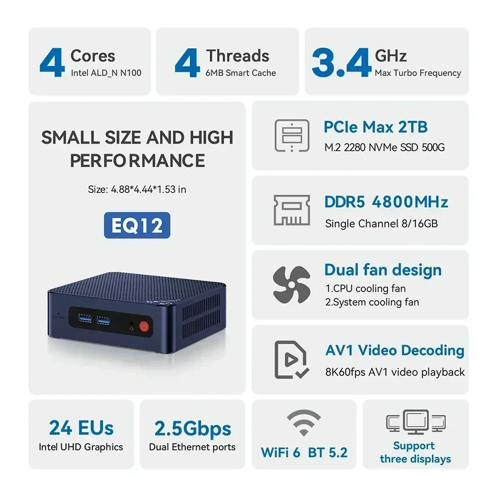 Beelink EQ12 ® Processor Alder Lake-N100 Mini PC Dual 2.5G LAN  DDR5 4800Mhz NVME SSD WiFi 6 BT5.2 Desktop Computer