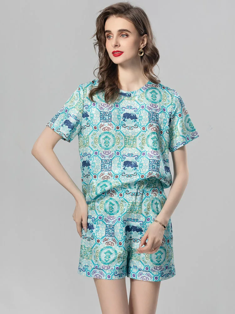 Women's Vintage Printing Shorts Suit, O-Neck Short Sleeve T-Shirt and Pants, Summer Fashion, 2 Piece Set