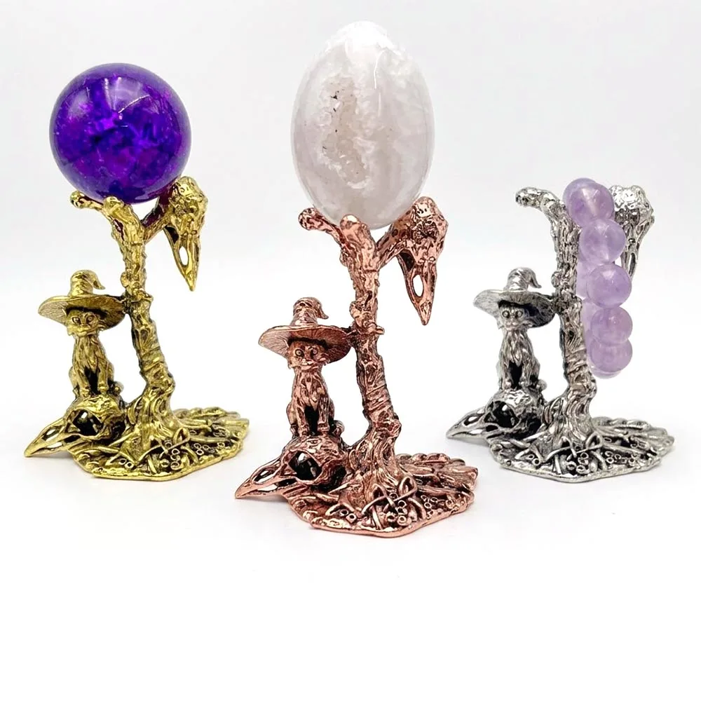 Metal Witch Cat Skull Crystal Sphere Stand Holder Gemstone Ball Display Base for Amethyst Spheres Mineral Specimen Decor