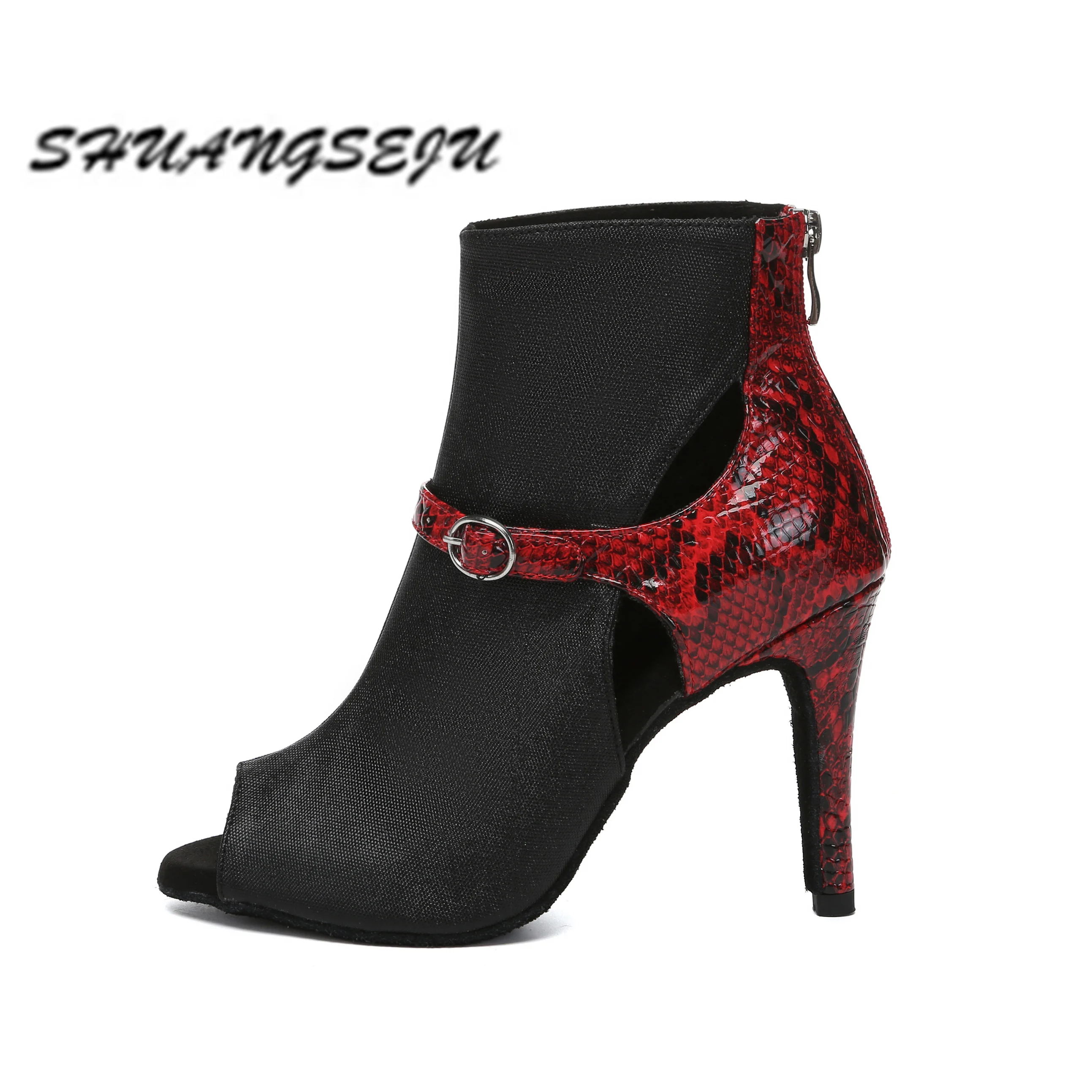 

SHUANGSEJU New black and red Latin dance shoes professional jazz dance boots Bachata soft sole fish mouth sexy high heels 9.8cm