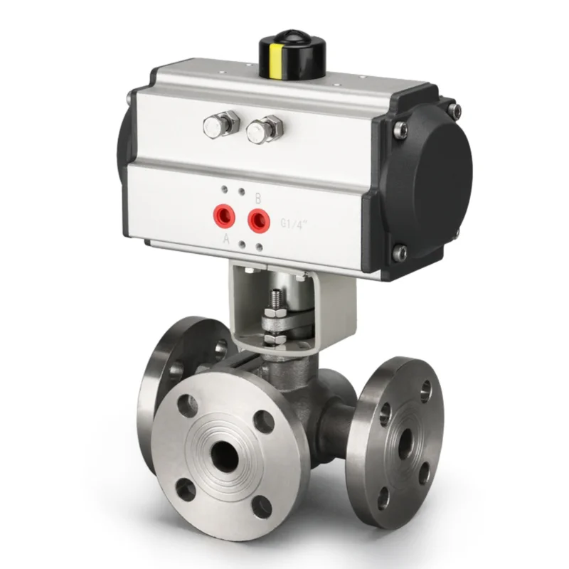 Cross over Valve Pneumatic Ball Valve Stainless Steel 304 Pneumatic Tee Ball Valve Explosion-Proof Flanged Ball Valve Actuator