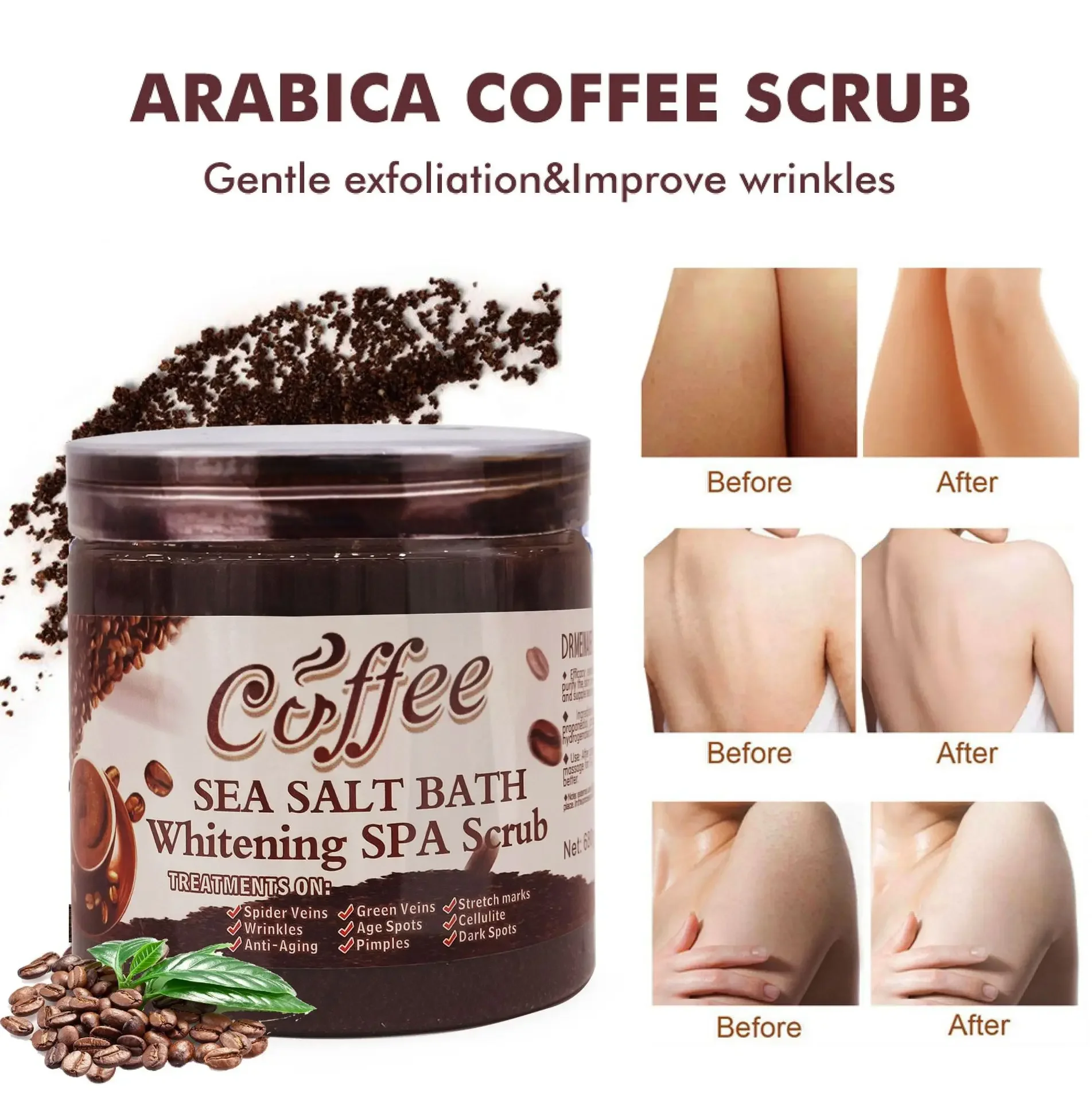 350g/680g limpieza de poros de la piel suaviza el baño de mar crema de sal hidratante anticelulítico café exfoliante corporal aclarante