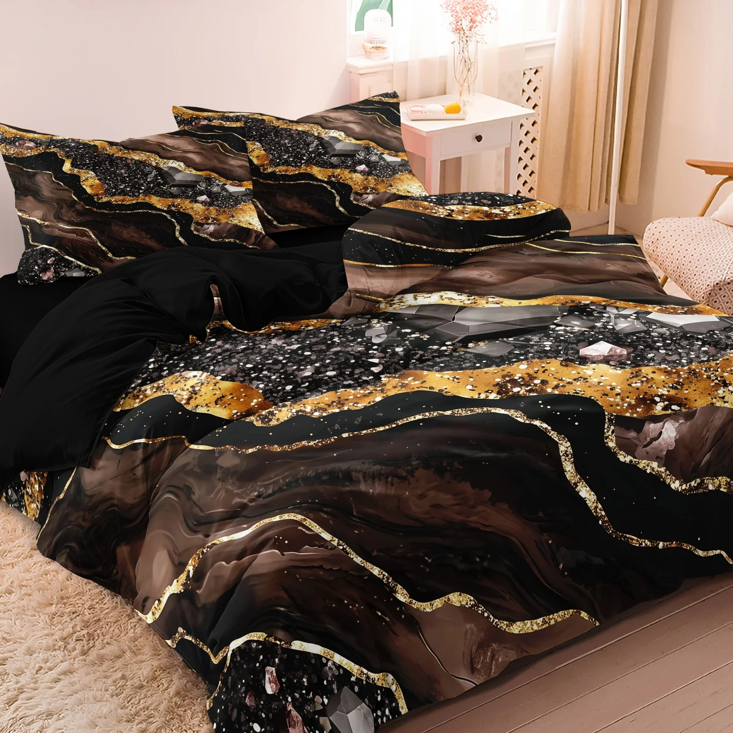Modern Golden Marble Print Duvet Cover Set, 3 Pieces Black Brown Agate Geode Mineral Crystal Luxury Abstract Pattern Bedding