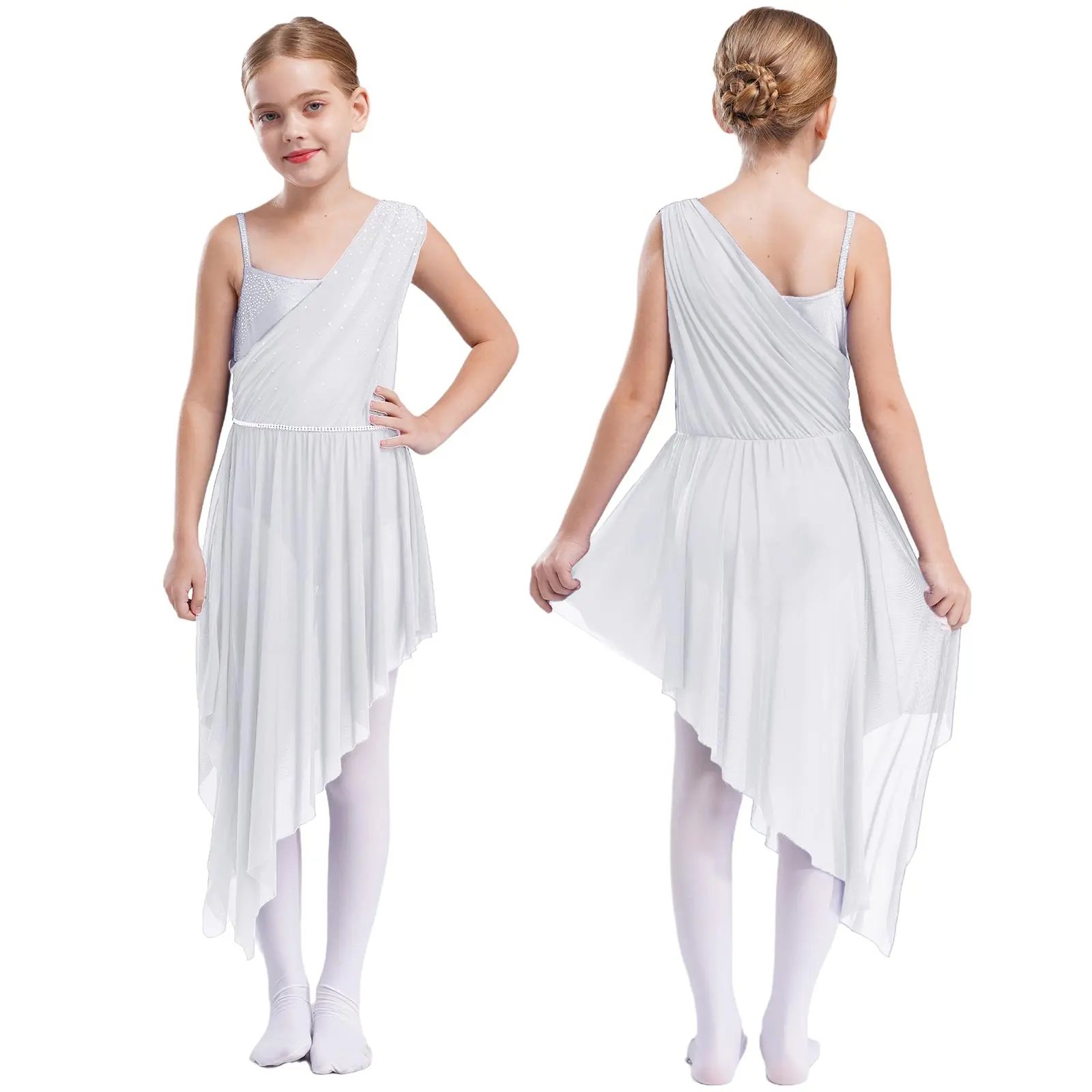 

Kids Girls Ballet Dress Lyrical Dance Dress Sleeveless Spaghetti Straps Rhinestones Sheer Mesh Asymmetrical Hem Leotard Dress