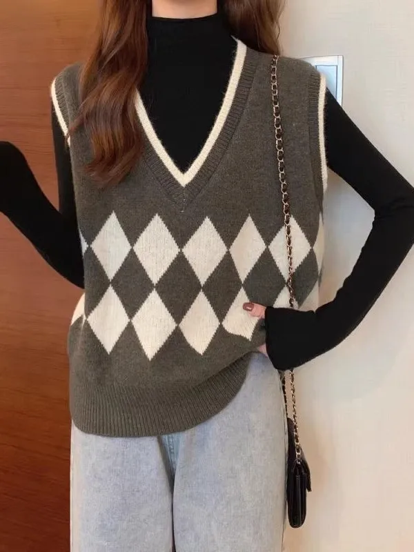 Retro Knitted Vest Women's Spring Autumn Loose Lazy Style Sweet Temperament V-neck Vest Fashionable Casual Comfortable