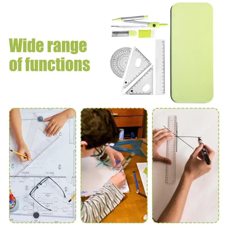 Juego de geometría para escuela, juego de brújula, regla con caja de hierro, 7X transportador de matemáticas preciso y juego de brújula, brújula geométrica de matemáticas para