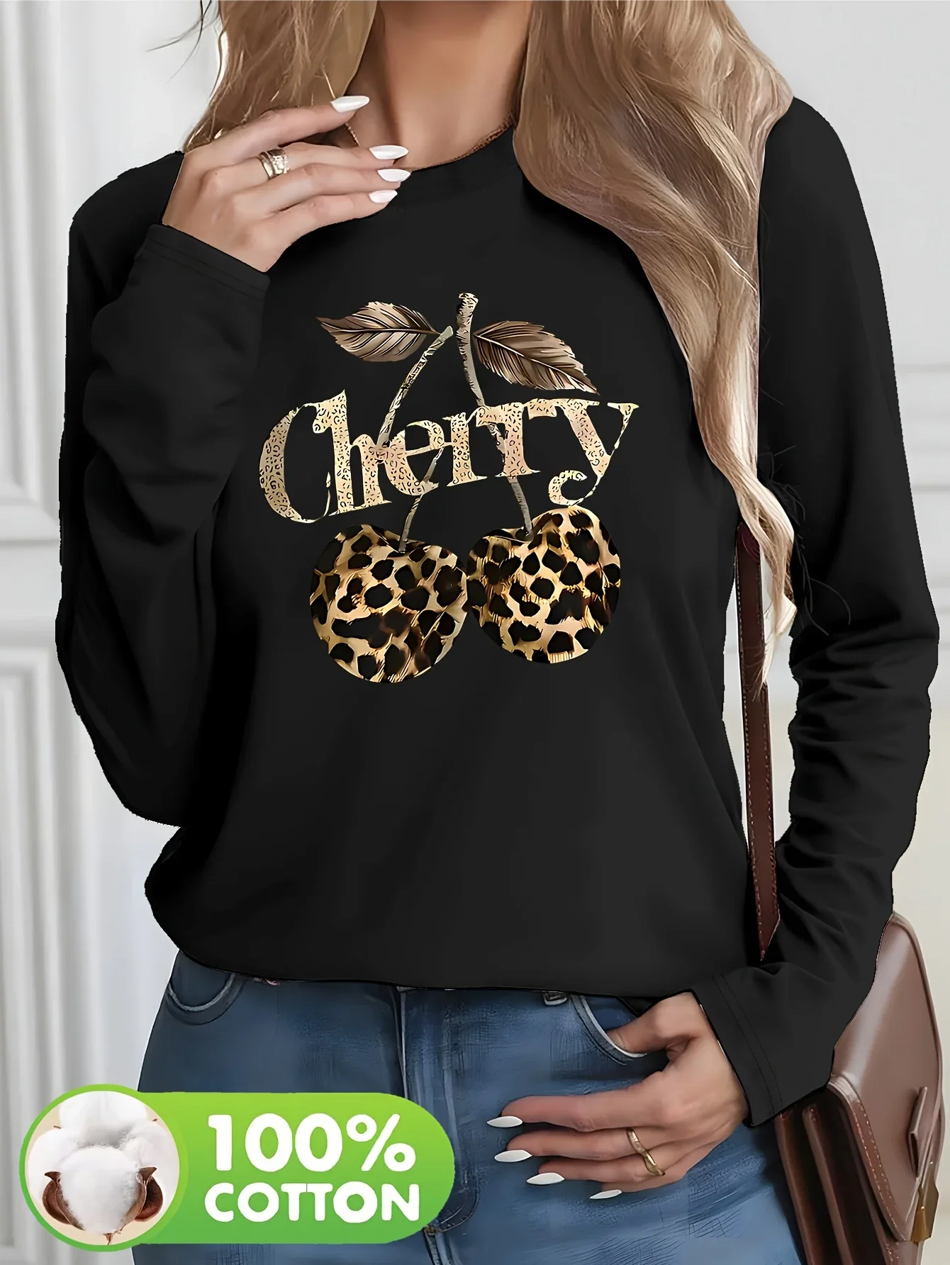 Y2k Fashion Women's Casual Long Sleeve T-Shirt Cherry Leopard Print Graphic Art 100% Cotton Round Neck Top Ladies T Shirts