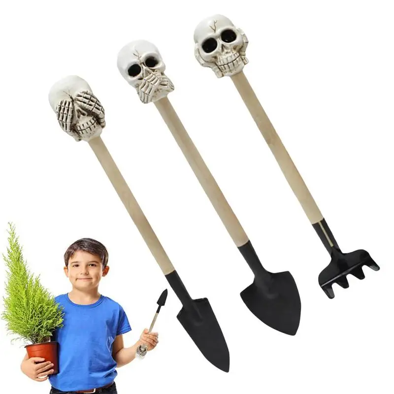 Indoor Plant Tools Gothic Skull 3PCS Garden Tool Sets With Rake Shovel Succulent Tools With Rake Shovel Non-slip Handle Portable