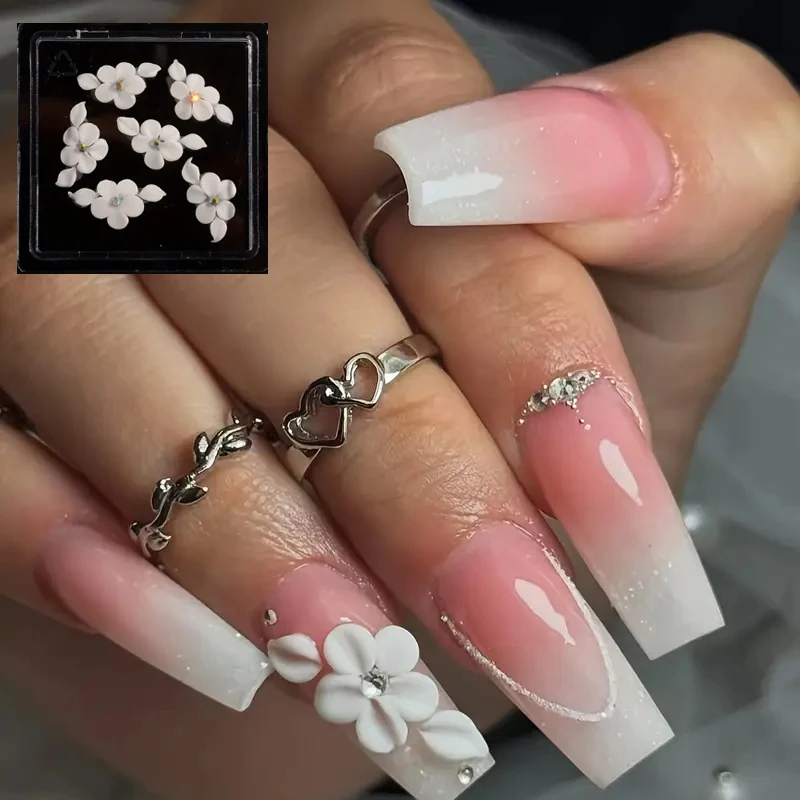 5Pcs 3D Handmade Side Acrylic Flowers With Pearl&Pile Diamond White Carving Floret Aurora Shell White Scale Flowers