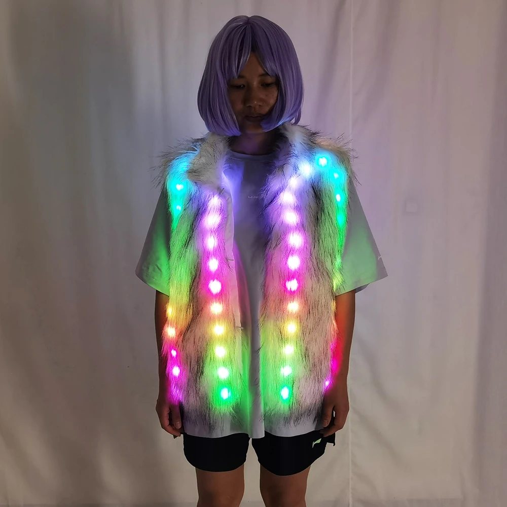 LED Luminous Faux Fur Coat for Women Glowing LED DJ Costume for Nightclub Bar Dance Show Christmas Halloween Party Cospaly