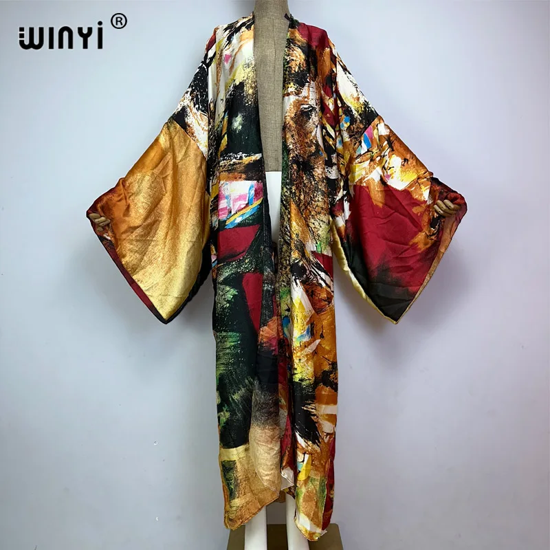 Winyi 2023 Vrouwen Casual Afrikaanse Kaftan Robe Graffiti Print Lange Mouwen Beach Cover Up Maxi Jurk Mode Kimono Vakantie Vest