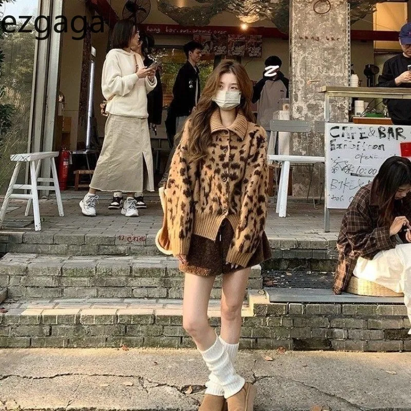 

Ezgaga Knitted Cardigan Women Leopard Printed Loose Autumn Winter Fashion Turn Down Collar Outwear Sweater Vintage Ladies Casual
