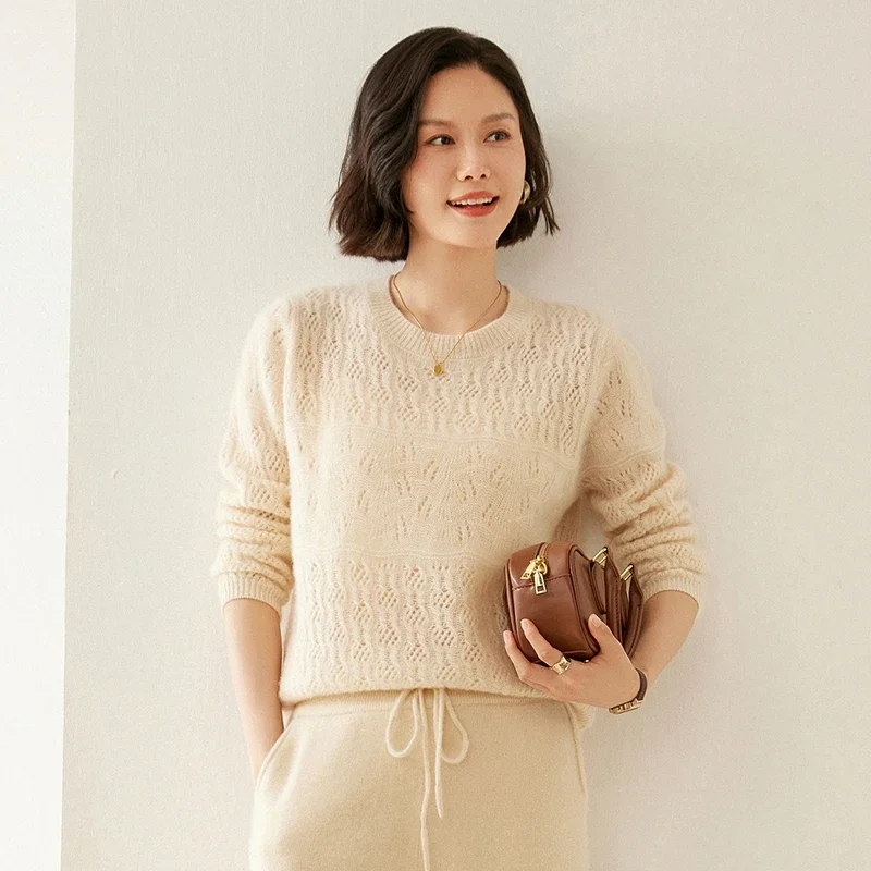 

Women's Cashmere Sweater, 35% Cashmere, Round Neck, Knitted, Hollow, Casual, Daily Style, 2024 Autumn and Winter New Style