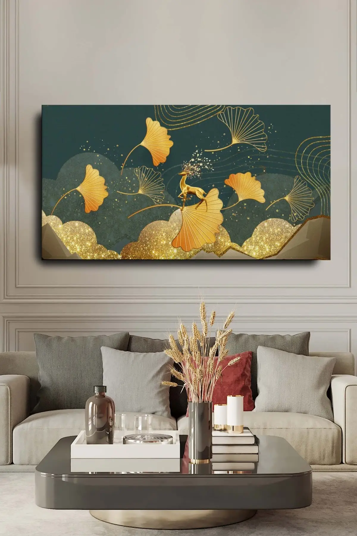 Blok Design Decorative Abstract Gold Deer Gold Leaf Surreal Canvas Wall Painting 120x60cm Large Size Painting