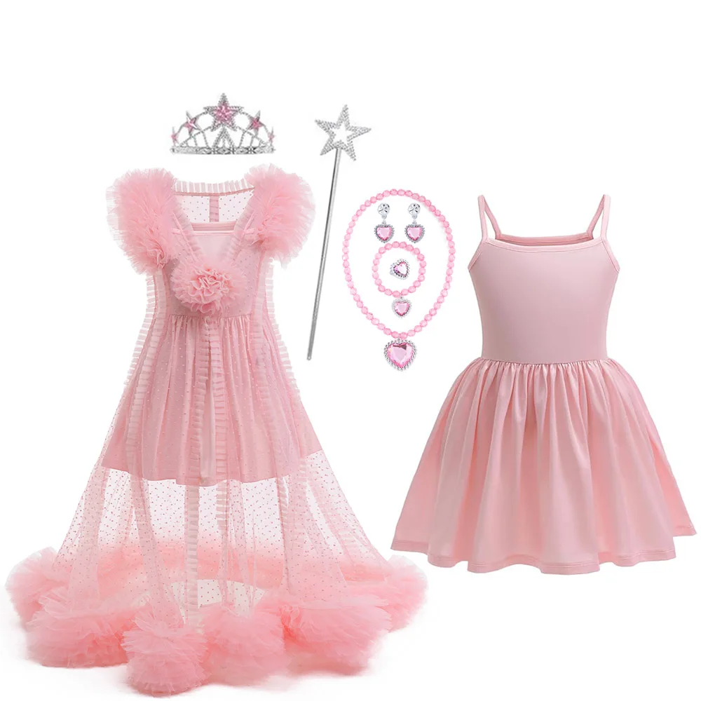 أزياء وإكسسوارات للفتيات باللون الوردي المقسم من Glinda للفتيات بعمر 3-12 سنة فساتين خرافية ملابس كرنفال الرسوم المتحركة للعام الجديد