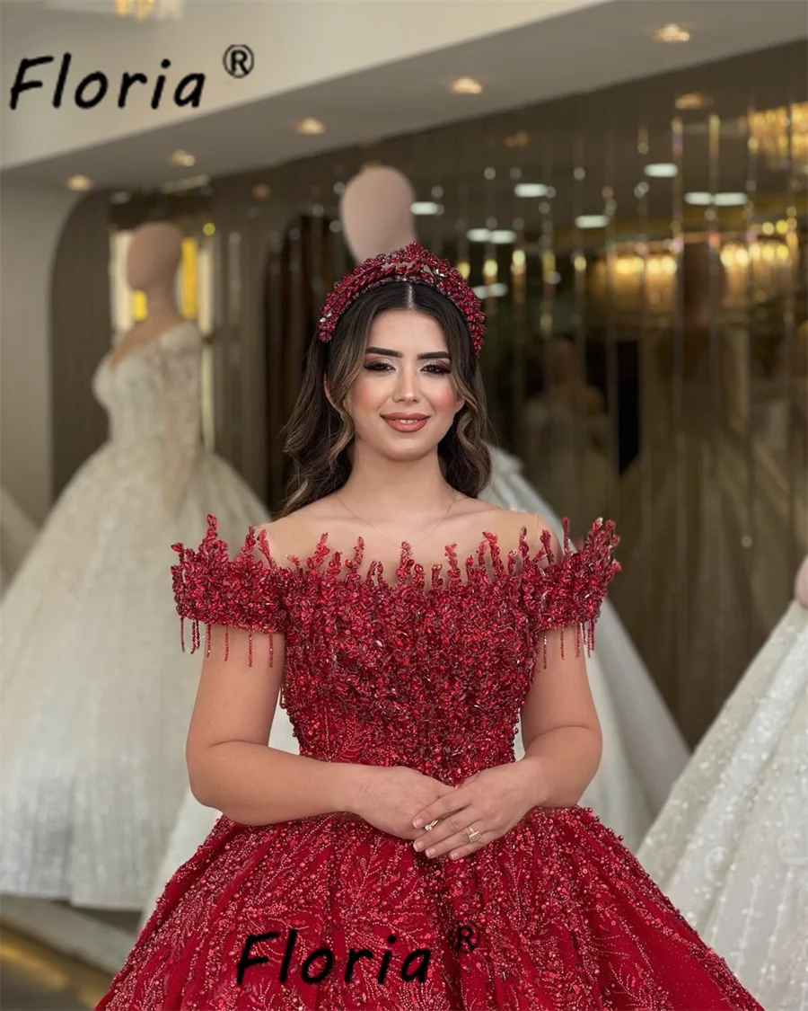 Luxury Red Dubai Evening Dress Heavy Beads Fringe Off Shoulder Ball Gown Saudi Arabic Wedding Dresses Bridal Toast Customized