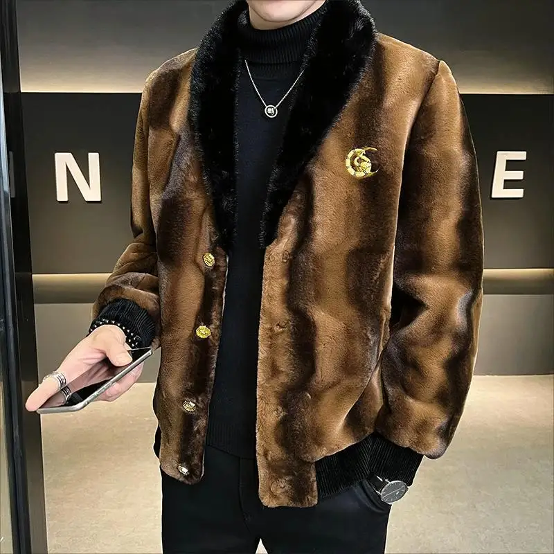 

Winter New Men High Quality Faux Fur Coat Male Mink Fur Slim V-neck Fashion Outwear Casual Large Size Solid Color Warm Outcoat